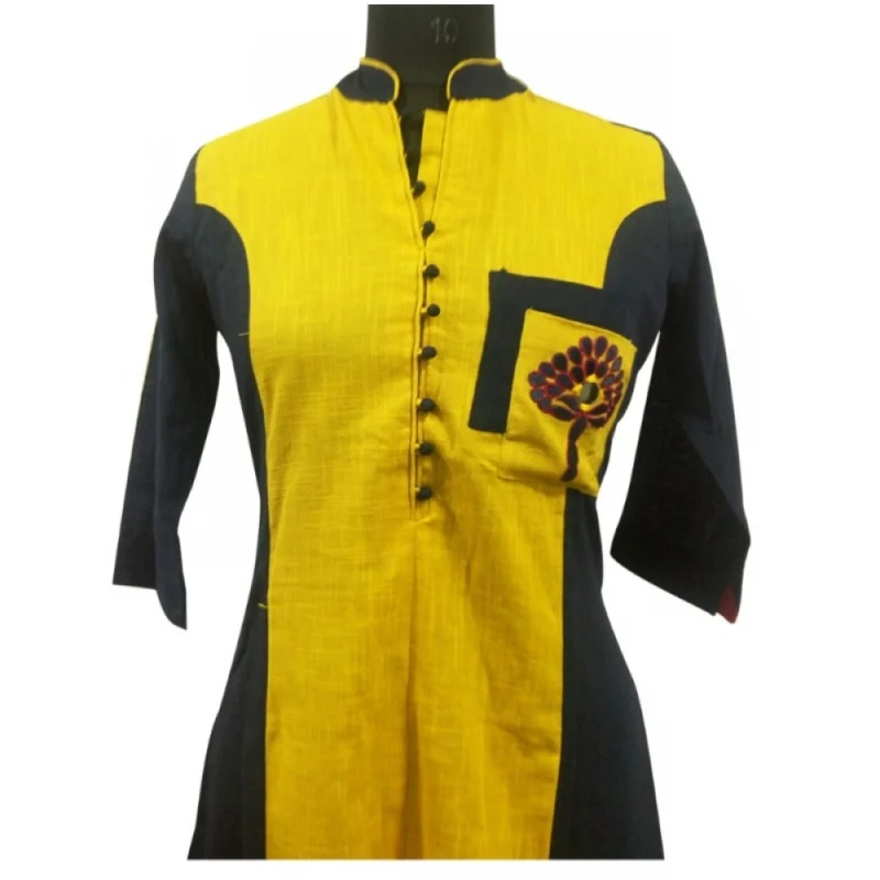 Generic Women's Cotton Kurtis (Yellow, Black, L) - Image 2