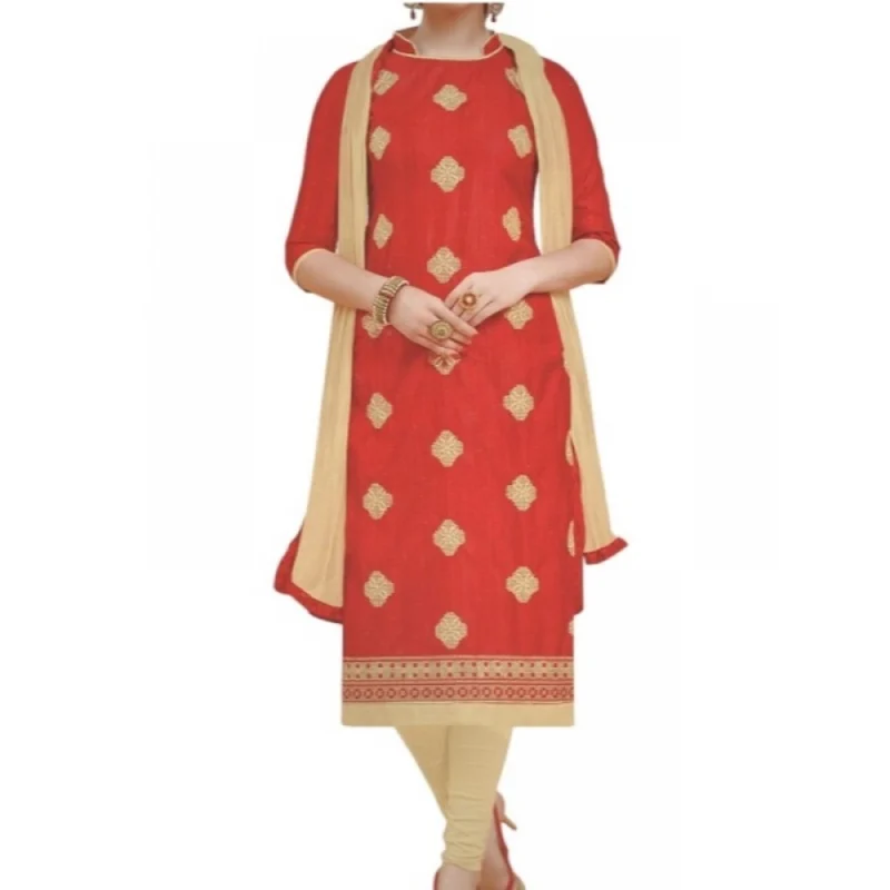 Generic Womens Cotton Regular Unstitched Salwar-Suit Material With Dupatta (Red, 2 mtr)