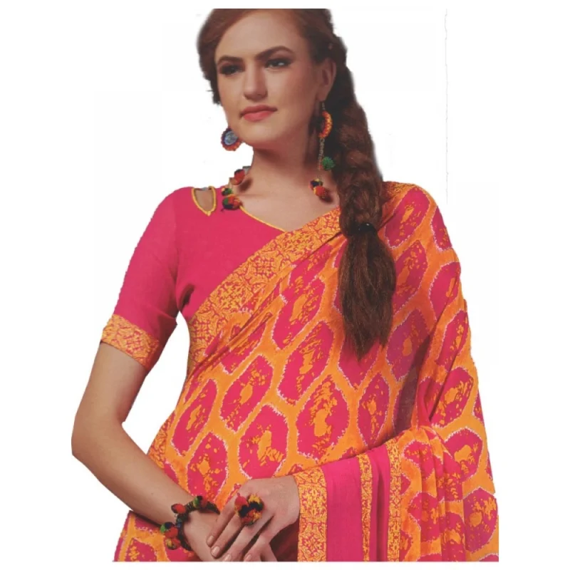 Generic Womens Georgette Digital Printed Saree (Dark Pink, Orange, 6.25 Mtr) - Image 2