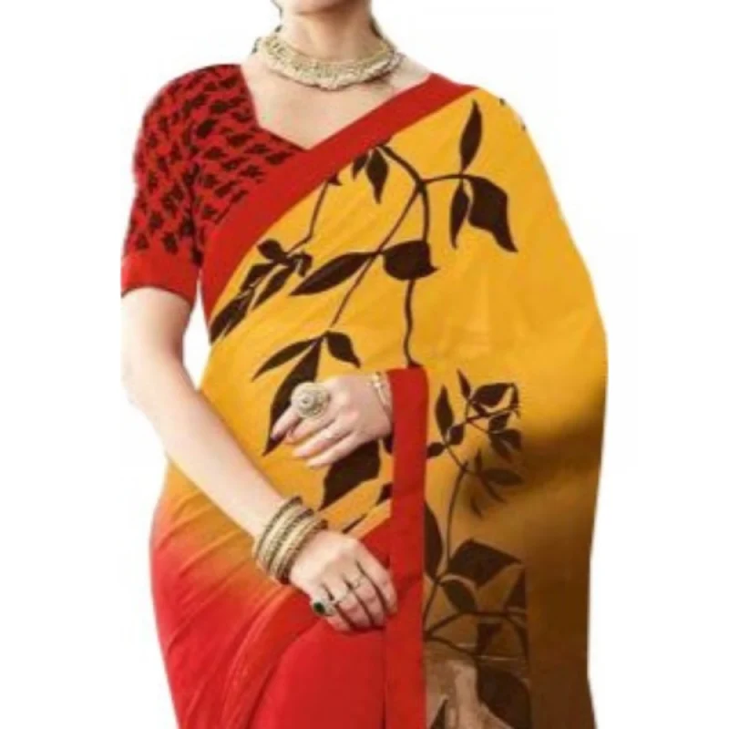 Generic Womens Georgette Digital Printed Saree (Red, Yellow, 6.25 Mtr) - Image 2