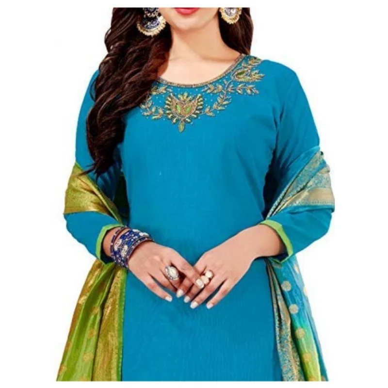 Generic Women's Slub Cotton Unstitched Salwar-Suit Material With Dupatta (Sky Blue, 2 Mtr) - Image 3