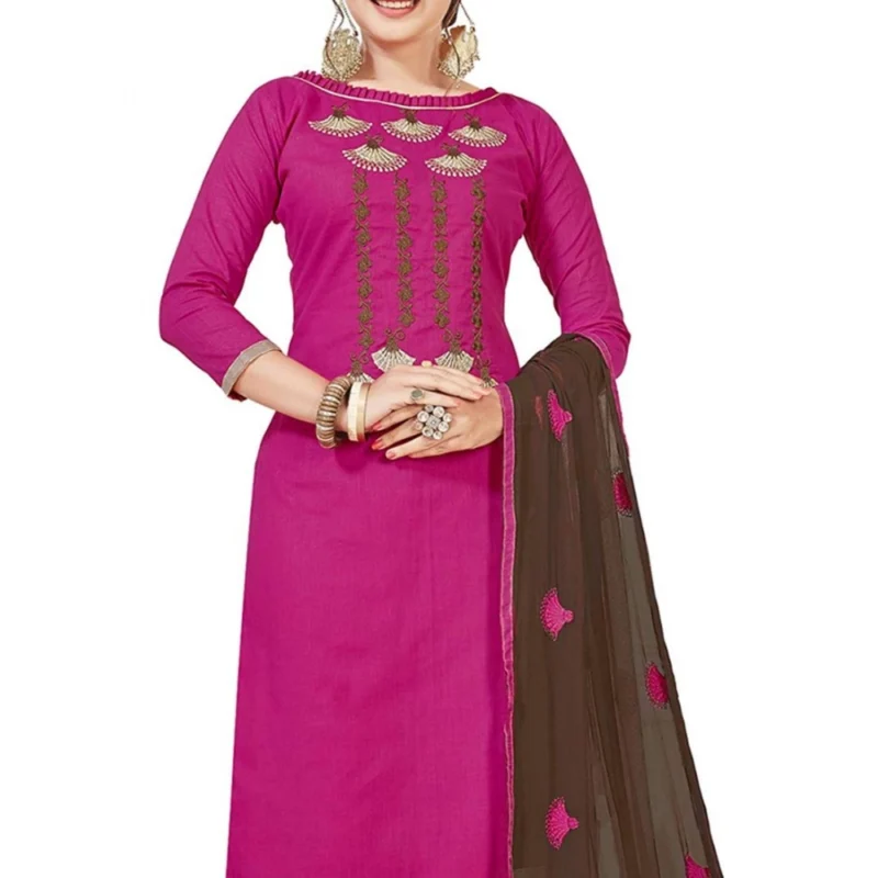 Generic Women's Slub Cotton Unstitched Salwar-Suit Material With Dupatta (Pink, 2 Mtr) - Image 2