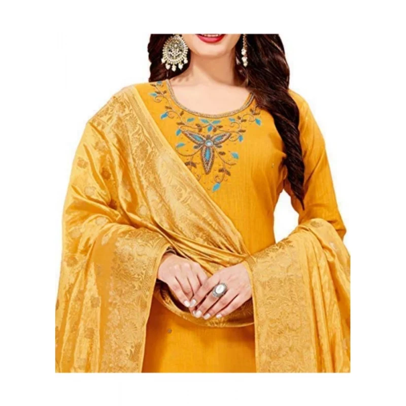 Generic Women's Slub Cotton Unstitched Salwar-Suit Material With Dupatta (Yellow, 2 Mtr) - Image 3