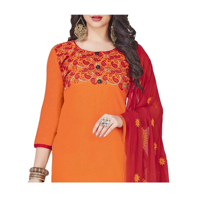 Generic Women's Slub Cotton Unstitched Salwar-Suit Material With Dupatta (Orange, 2 Mtr) - Image 2