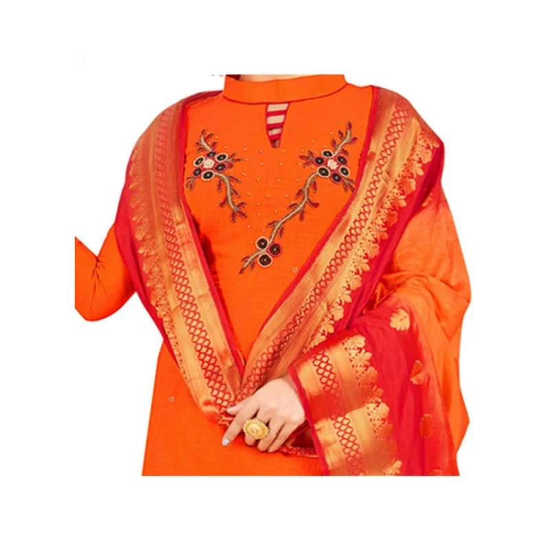 Generic Women's South Slub Cotton Unstitched Salwar-Suit Material With Dupatta (Orange, 2 Mtr) - Image 2