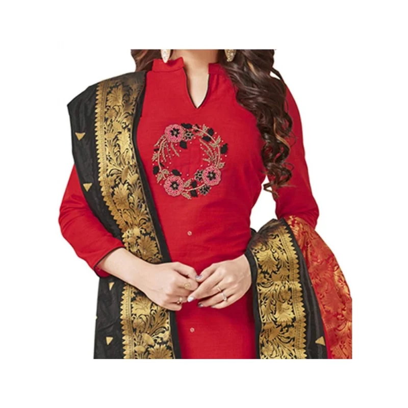 Generic Women's South Slub Cotton Unstitched Salwar-Suit Material With Dupatta (Red, 2 Mtr) - Image 2