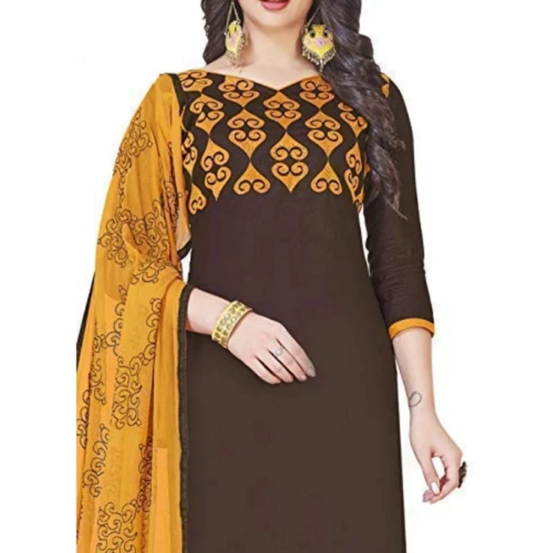 Generic Women's Glaze Cotton Unstitched Salwar-Suit Material With Dupatta (Brown, 2 Mtr) - Image 2