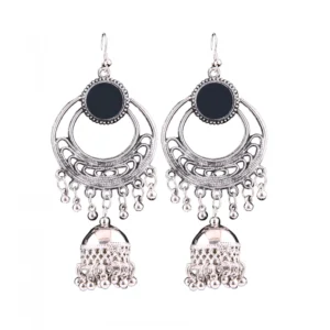Generic Women's Silver Oxidized Hook Dangler Hanging Afgani Tribal Fancy Earrings-Silver