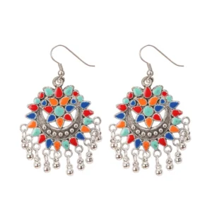 Generic Women's Oxidize Silver plated Hook Dangler Hanging Afgani Earrings-Multicolour