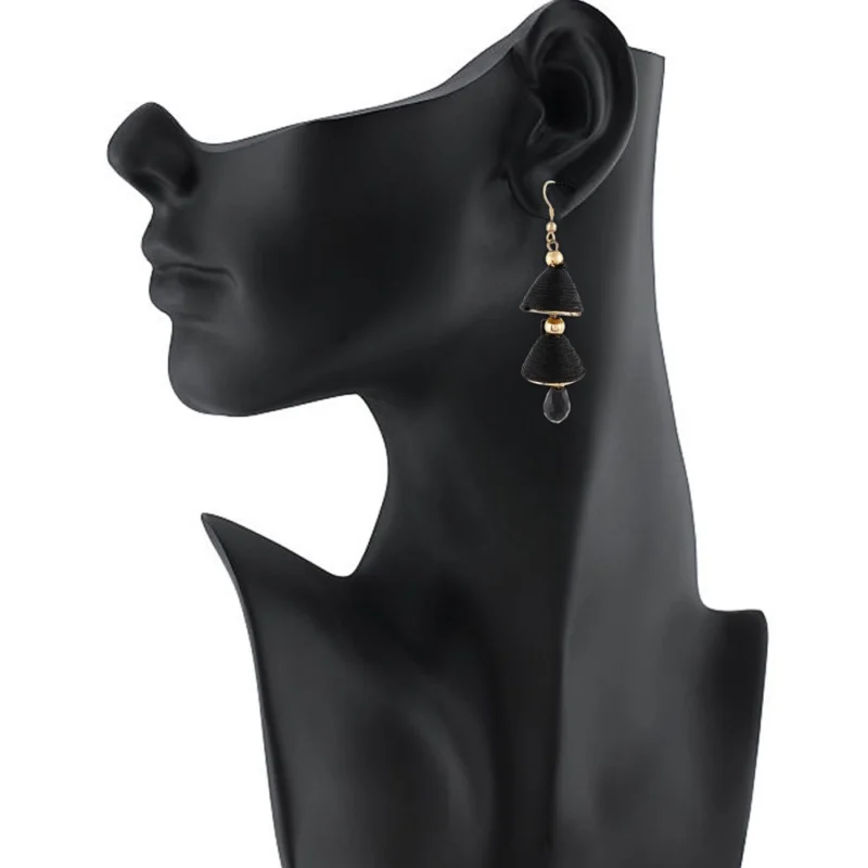 Generic Women's Alloy, Beads Hook Dangler Hanging Earrings-Black - Image 2