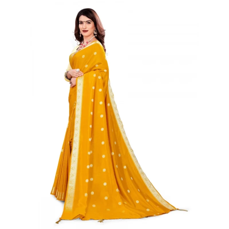 Generic Women's Vichitra Silk Saree With Blouse (Mustard, 5-6 Mtrs) - Image 3