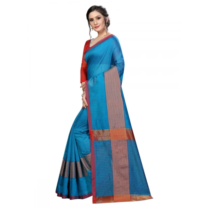 Generic Women's Cotton Saree With Blouse (Sky Blue, 5-6 Mtrs) - Image 3