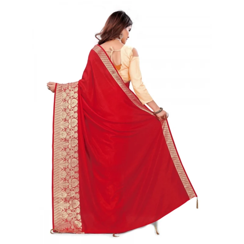 Generic Women's Vichitra Silk Saree With Blouse (Red, 5-6 Mtrs) - Image 2