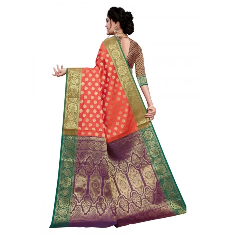 Generic Women's Sana Silk Jacquard Saree With Blouse (Orange, 5-6 Mtrs) - Image 2