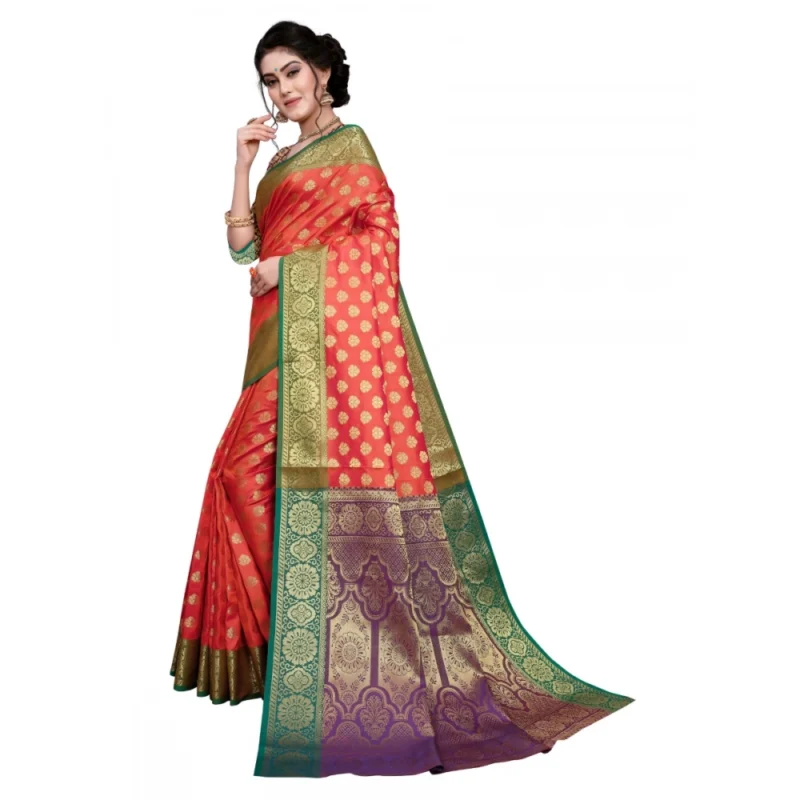 Generic Women's Sana Silk Jacquard Saree With Blouse (Orange, 5-6 Mtrs) - Image 3