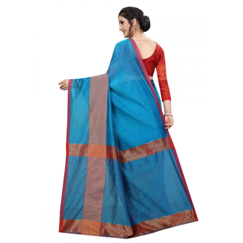 Generic Women's Cotton Saree With Blouse (Sky Blue, 5-6 Mtrs) - Image 2