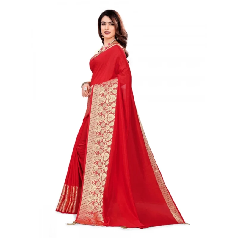 Generic Women's Vichitra Silk Saree With Blouse (Red, 5-6 Mtrs) - Image 3