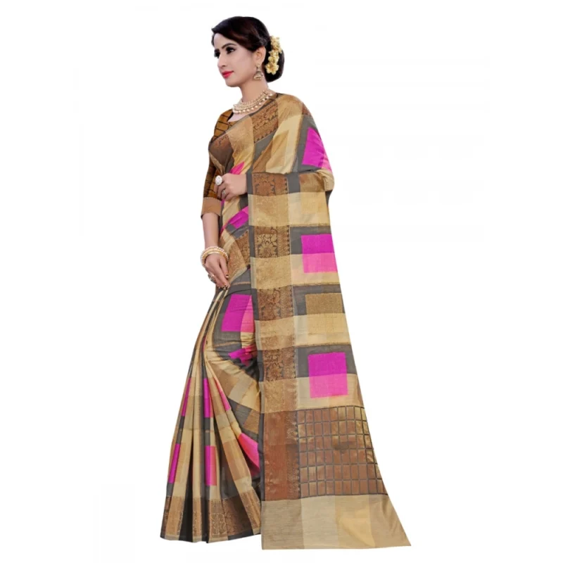 Generic Women's Cotton, Jacqaurd Saree With Blouse (Multi Color, 5-6 Mtrs) - Image 3
