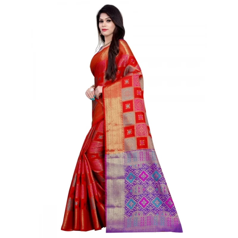 Generic Women's Banarasi Silk Saree With Blouse (Red, 5-6 Mtrs) - Image 3