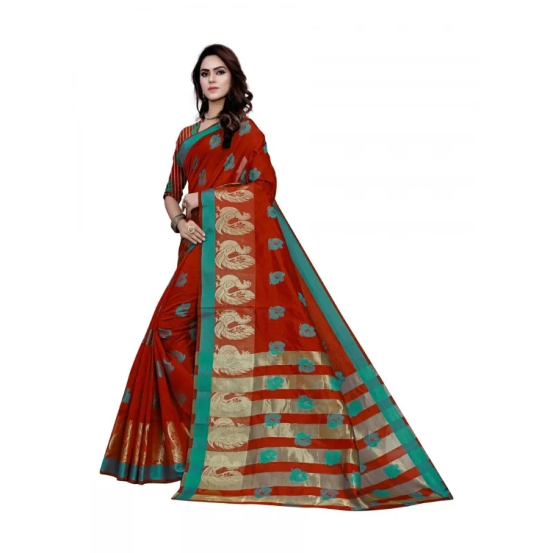 Generic Women's Art Silk, Jacqaurd Saree With Blouse (Red, 5-6 Mtrs) - Image 3
