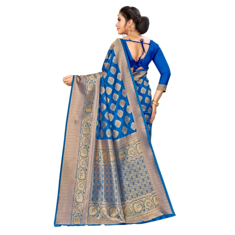 Generic Women's Banarasi silk Saree with Blouse (Blue, 5-6mtr) - Image 2