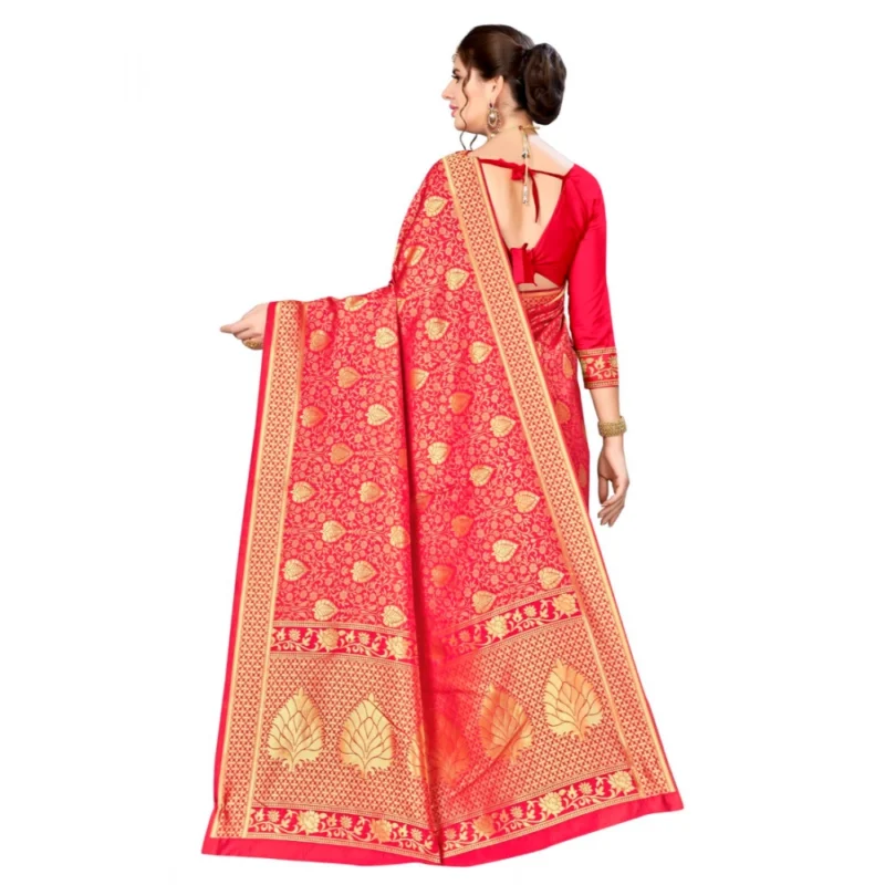 Generic Women's Banarasi silk Saree with Blouse (Red, 5-6mtr) - Image 2
