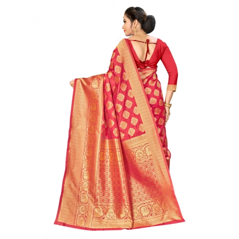 Generic Women's Banarasi silk Saree with Blouse (Red, 5-6mtr) - Image 2