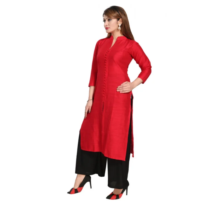 Generic Women's Silk Self Pattern Straight Kurti-Red - Image 3