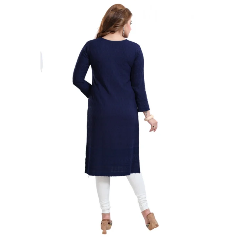 Generic Women's Rayon Embroidered Straight Kurti-Navy Blue - Image 3