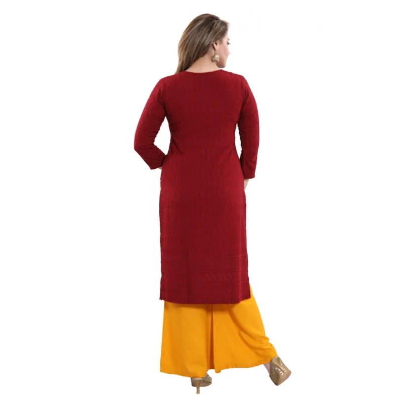 Generic Women's Rayon Embroidered Straight Kurti-Maroon - Image 2