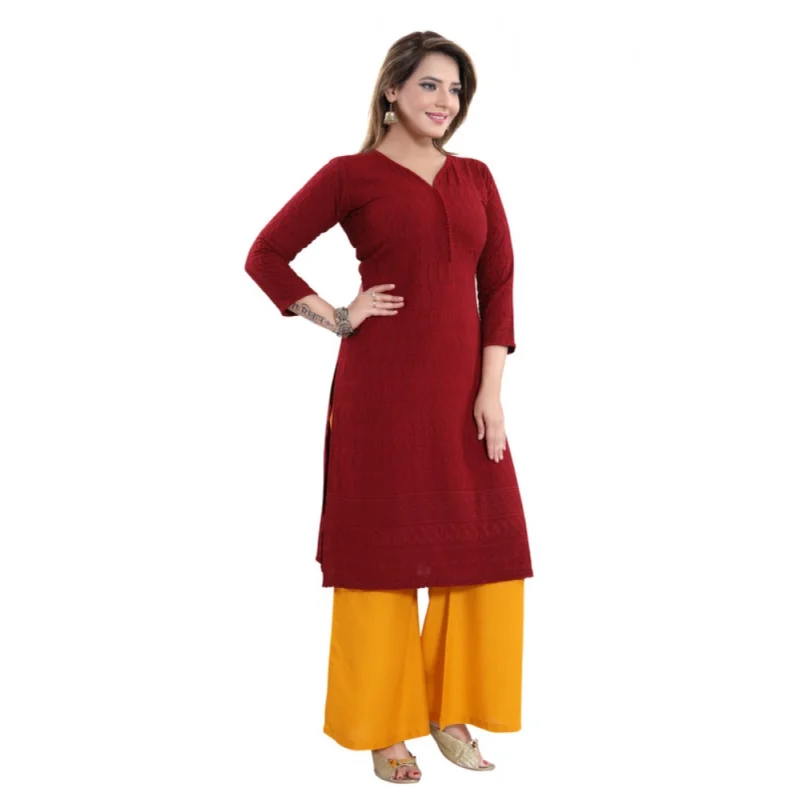 Generic Women's Rayon Embroidered Straight Kurti-Maroon - Image 4