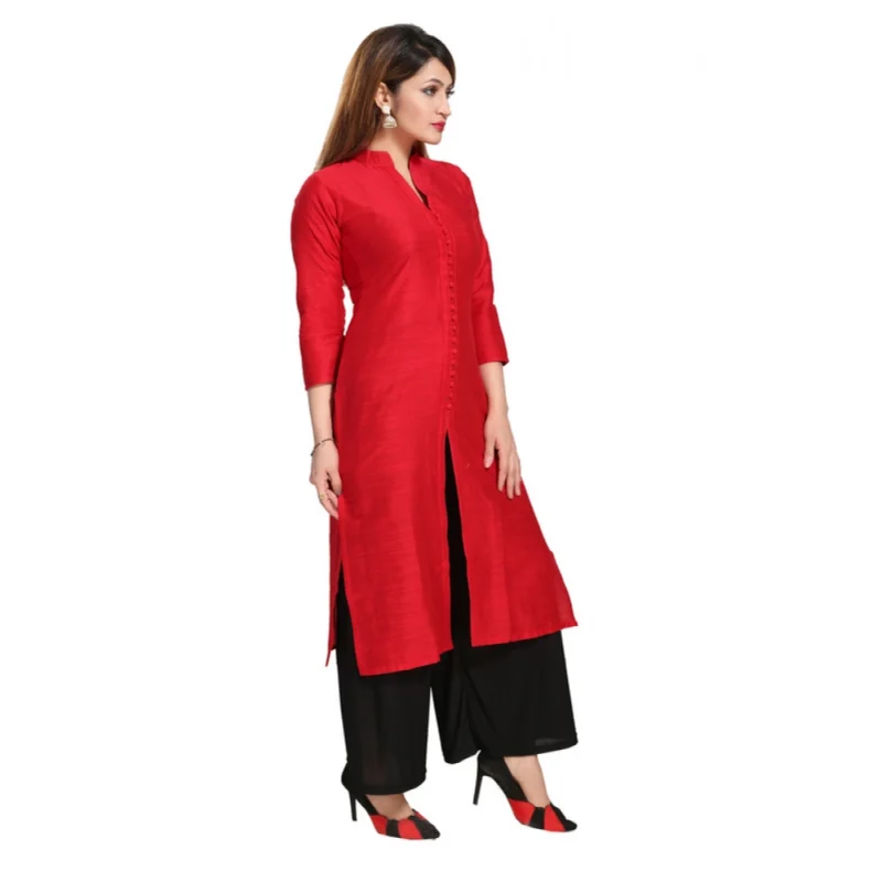 Generic Women's Silk Self Pattern Straight Kurti-Red - Image 5