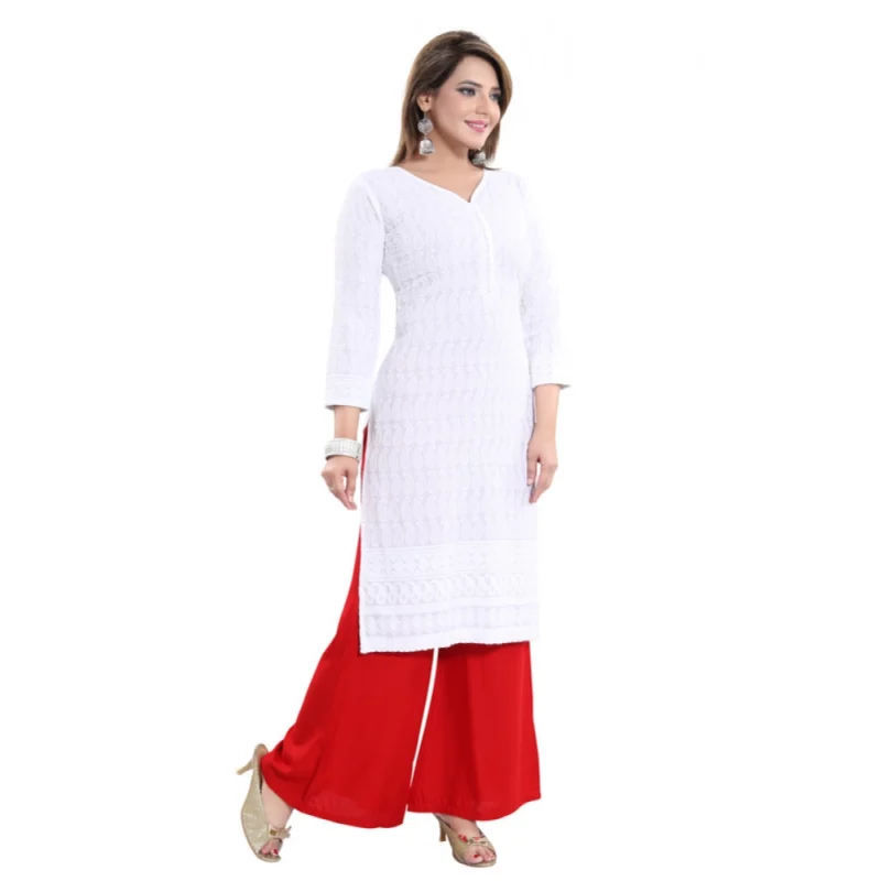 Generic Women's Rayon Embroidered Straight Kurti-White - Image 4