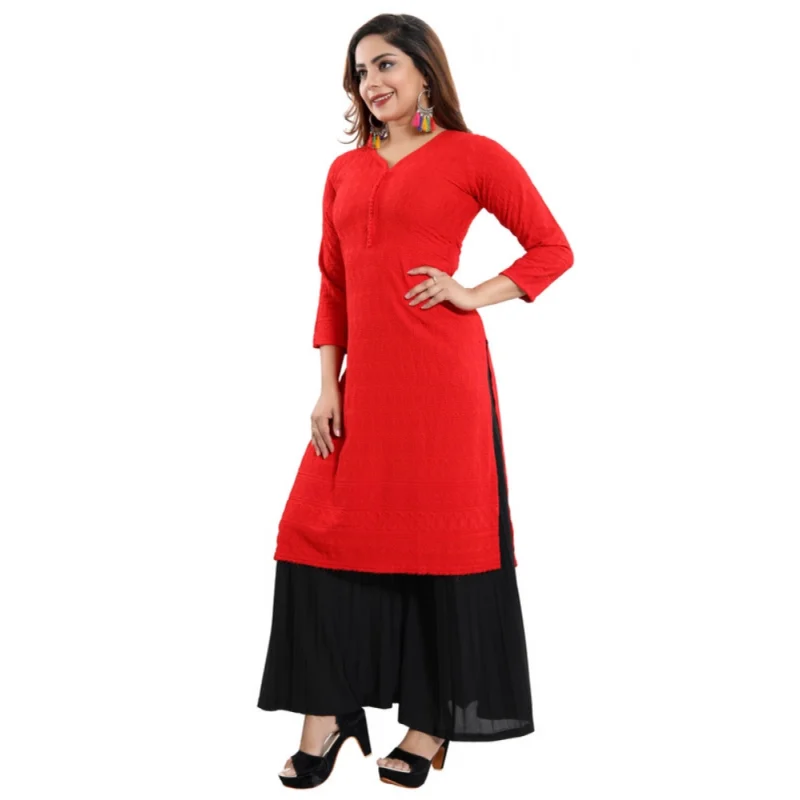 Generic Women's Rayon Embroidered Straight Kurti-Red - Image 3