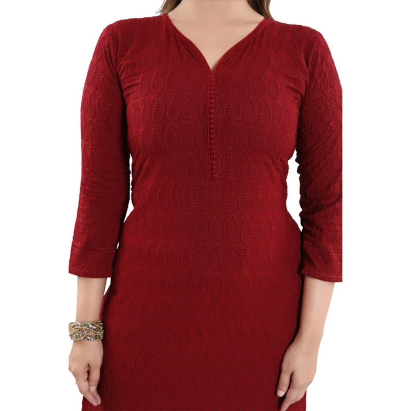 Generic Women's Rayon Embroidered Straight Kurti-Red - Image 4