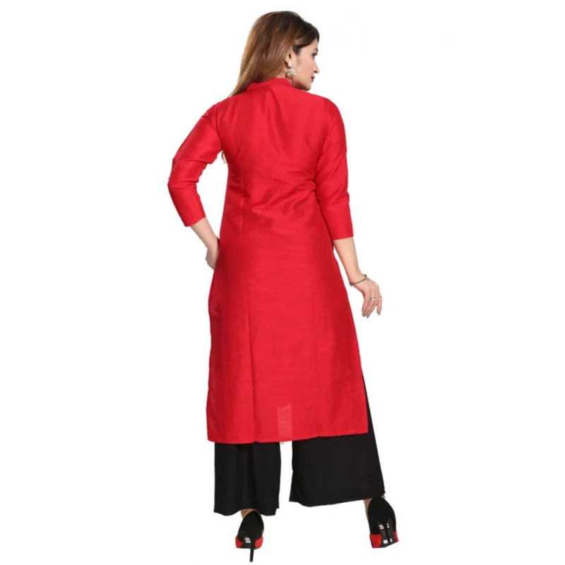Generic Women's Silk Self Pattern Straight Kurti-Red - Image 2