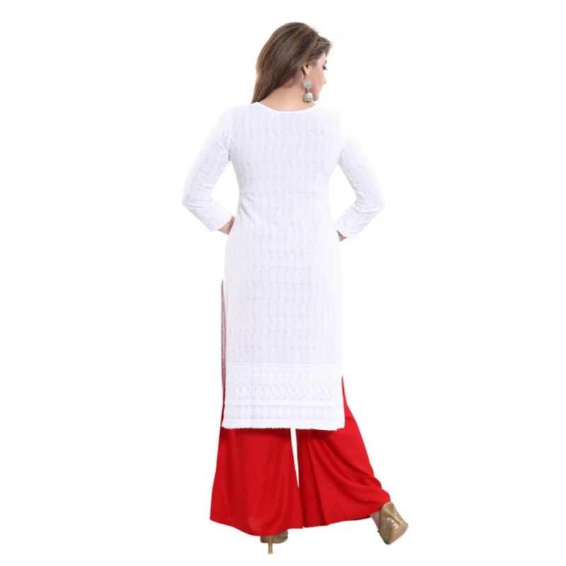 Generic Women's Rayon Embroidered Straight Kurti-White - Image 2