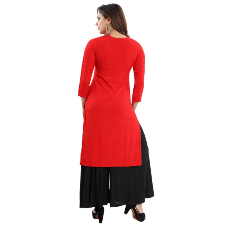 Generic Women's Rayon Embroidered Straight Kurti-Red - Image 5