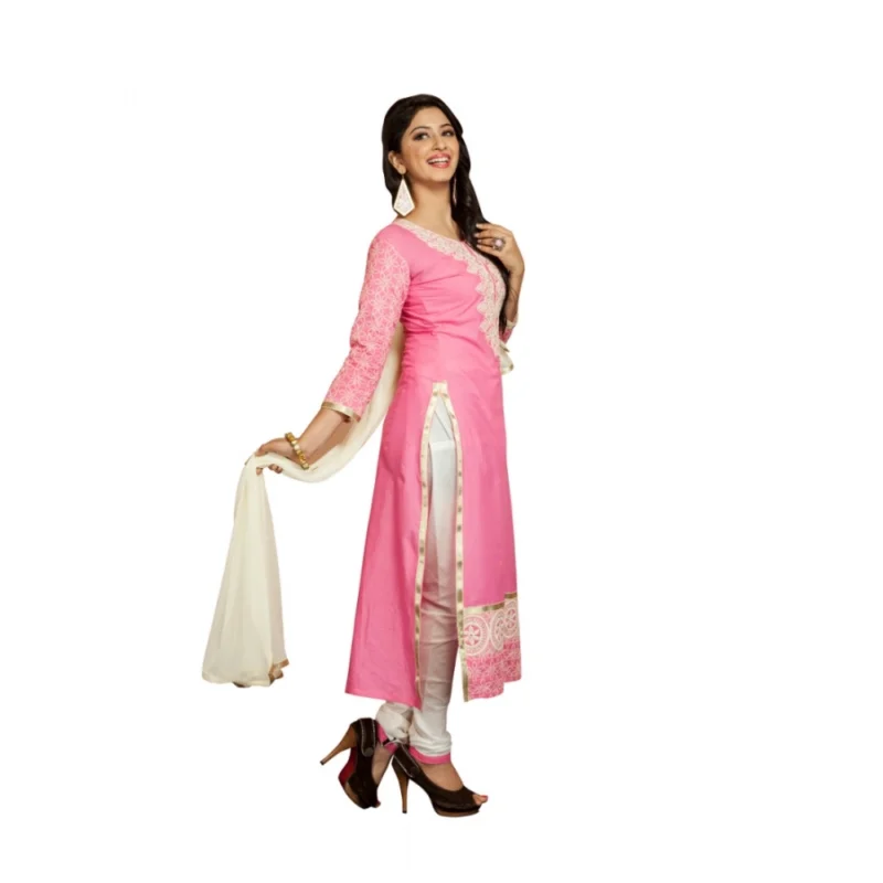 Generic Women's Georgette Unstitched Salwar Suit-Material With Dupatta (Pink & White,2.2 Mtrs) - Image 2