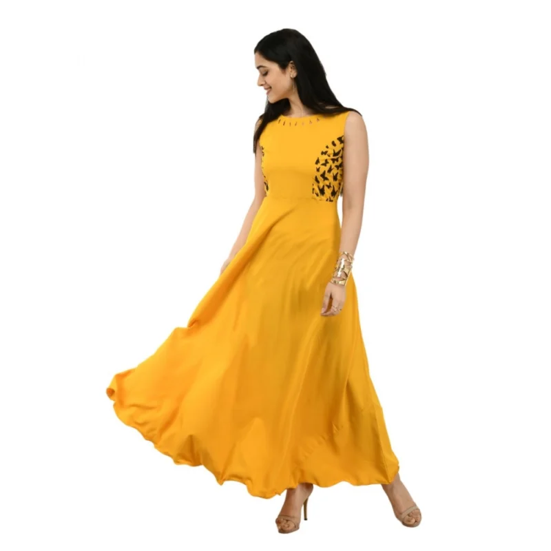 Generic Women's Crepe Solid Sleeveless Full Length Gown(Yellow) - Image 5