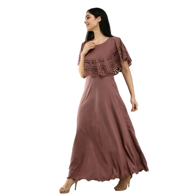 Generic Women's Crepe Solid Sleeveless Full Length Gown(Brown) - Image 7