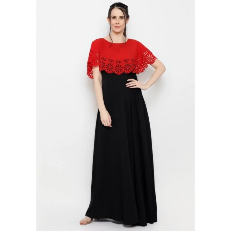 Generic Women's Crepe Solid Sleeveless Full Length Gown(Red Black) - Image 6