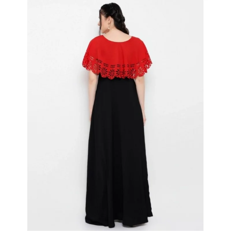 Generic Women's Crepe Solid Sleeveless Full Length Gown(Red Black) - Image 4