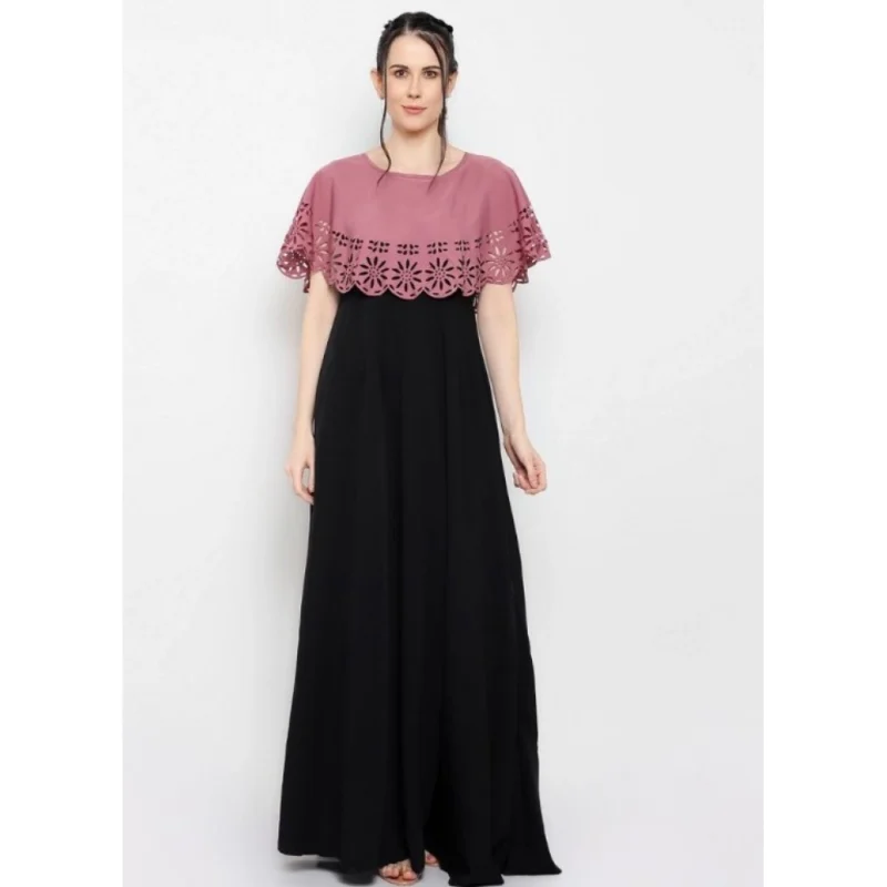 Generic Women's Crepe Solid Sleeveless Full Length Gown(Peach Black) - Image 6