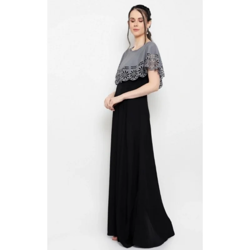 Generic Women's Crepe Solid Sleeveless Full Length Gown(Grey Black) - Image 3