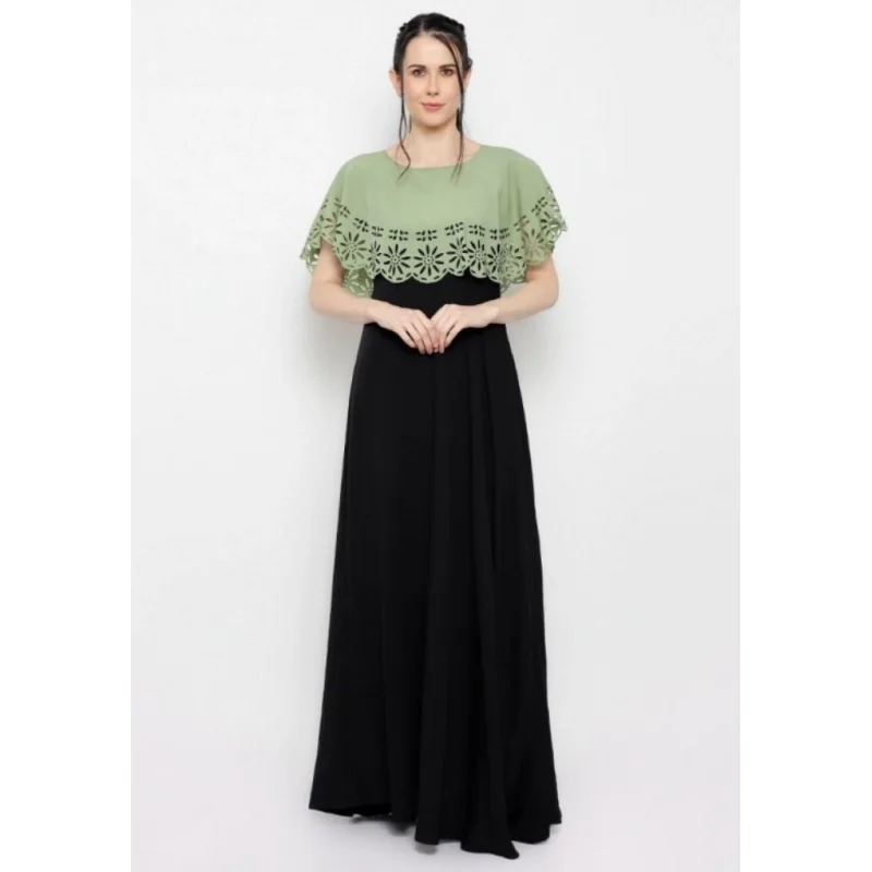 Generic Women's Crepe Solid Sleeveless Full Length Gown(Green Black) - Image 6