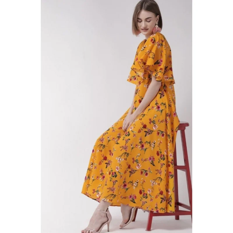Generic Women's Crepe Floral Half Sleeves Full Length Gown(Yellow) - Image 2