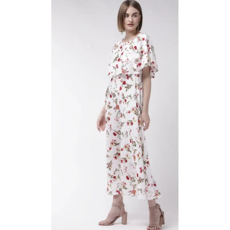 Generic Women's Crepe Floral Half Sleeves Full Length Gown(White) - Image 2