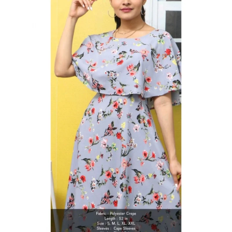 Generic Women's Crepe Floral Half Sleeves Full Length Gown(Light Grey) - Image 3