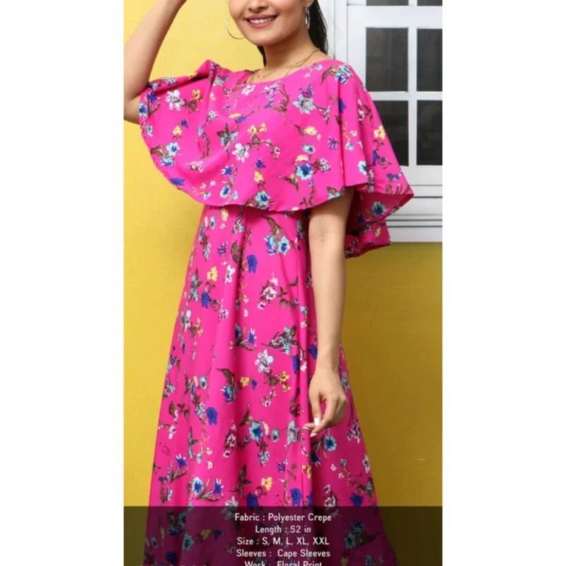 Generic Women's Crepe Floral Half Sleeves Full Length Gown(Pink) - Image 3